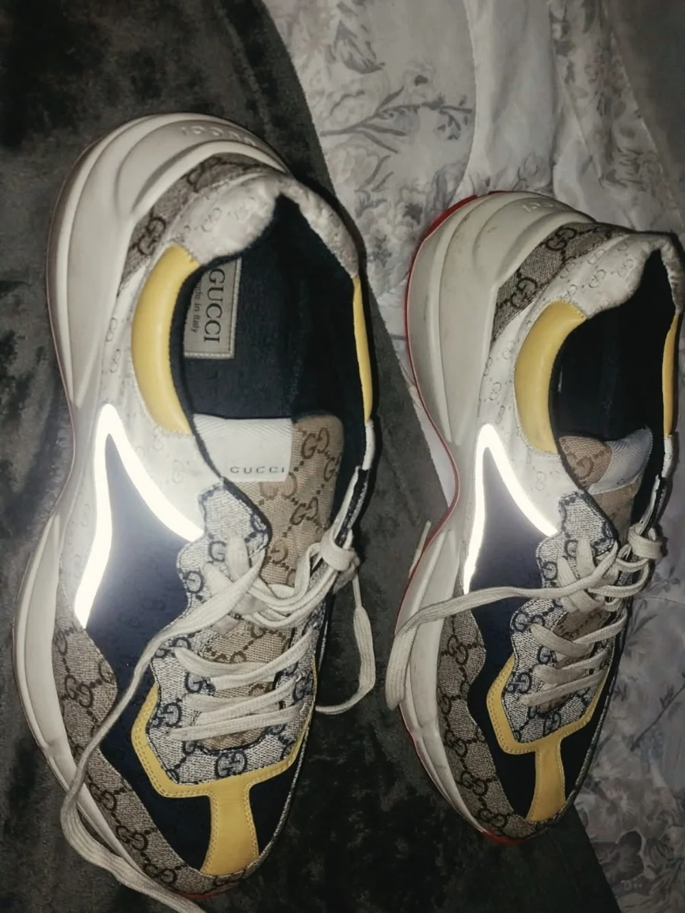 Gucci Rhyton Beige Navy Yellow GG Monogram Canvas Chunky Sneakers Men Casual 12